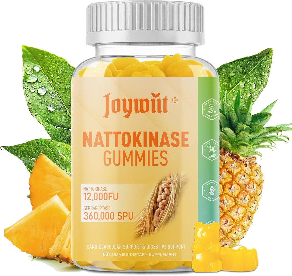 Nattokinaza Gummies 12.000 FU, Serapeptase Gummies 360000 SPU Enzyme Supliment cu Bromelain Papain & Inulin pentru Circulatorii, Gut, Digestion Support, Vegan, Non OMG, 60 Counts