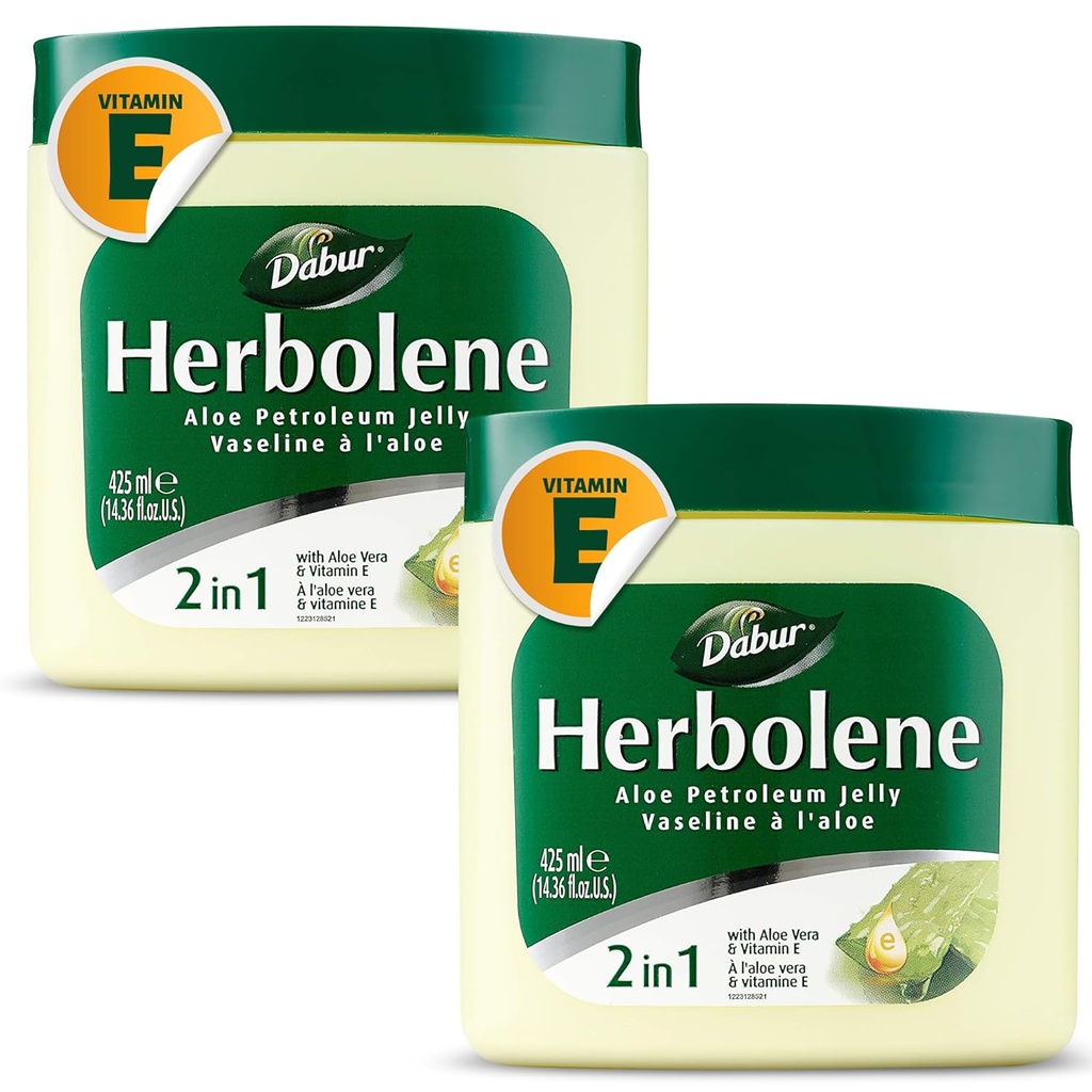 Dabur Herbolene Aloe Vera Gel Petroleum Jelly - Enhanced with Vitamin E for Deep & Intensive Skin Moisturization - Gentle on Sensibile Skin - Nourishing Bliss and Lasting Hydration - 425 ML (Pachet de 2)