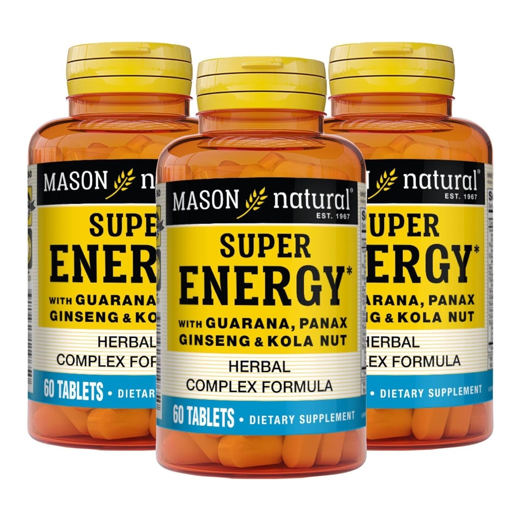 MASON NATURAL Super Energy, Made with Guarana, Panax Ginseng & Kola Nut for Optimal Performance & Energy, 90 Day Supply, 60 Tablets (Pachet de 3)