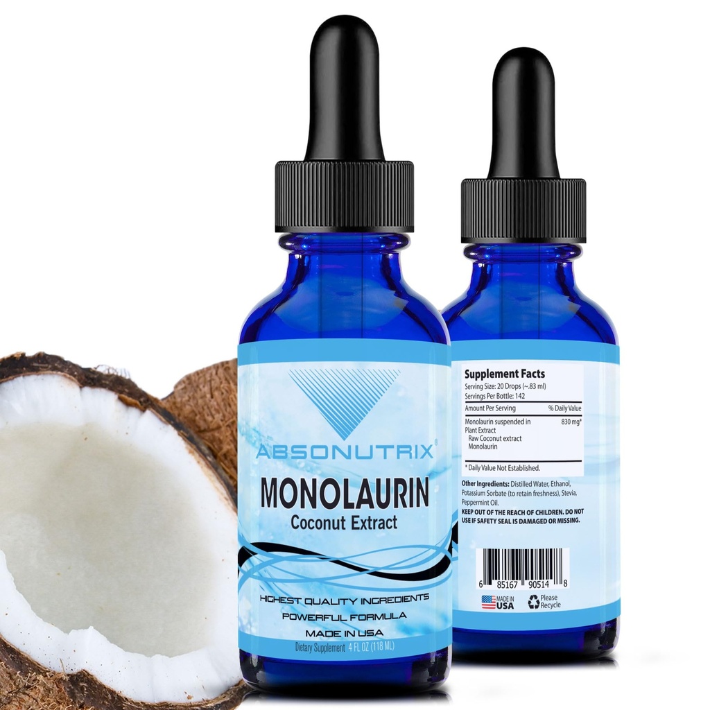 Absonutrix Monolaurin Extract lichid - 4oz lichid, 830 mg 142 Servings, Made in USA, Absorbtie rapida, Ingrediente potent de calitate, non-GMO, GMP facilitate certificat, Cruzime-Free Produse a