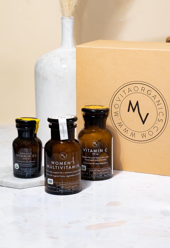 Movita Health Trio Vitamina Cadou Set cu vitamina D3, C, și Femeii Multivitamine, Alimente întregi fermentate, Vitamine, și Minerale - Organice, Vegan-Friendly, Gluten-Free, & Non-GMO