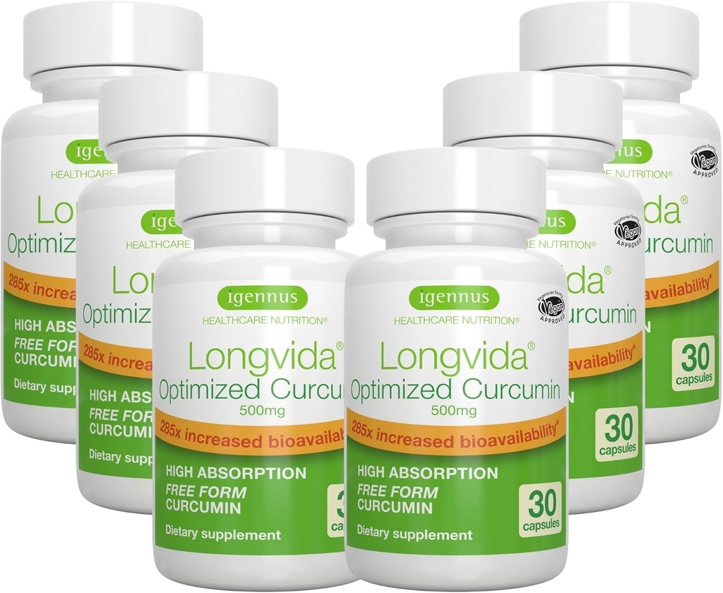 Igennus Longvida Hidralated Curcumin 500mg, Ultra Biodisponibil & Susţinut Acţiune, 65x Nivele Plasma mai mari, Suport intensiv, Free-Form Curcumin, Vegan, 180 Capsule