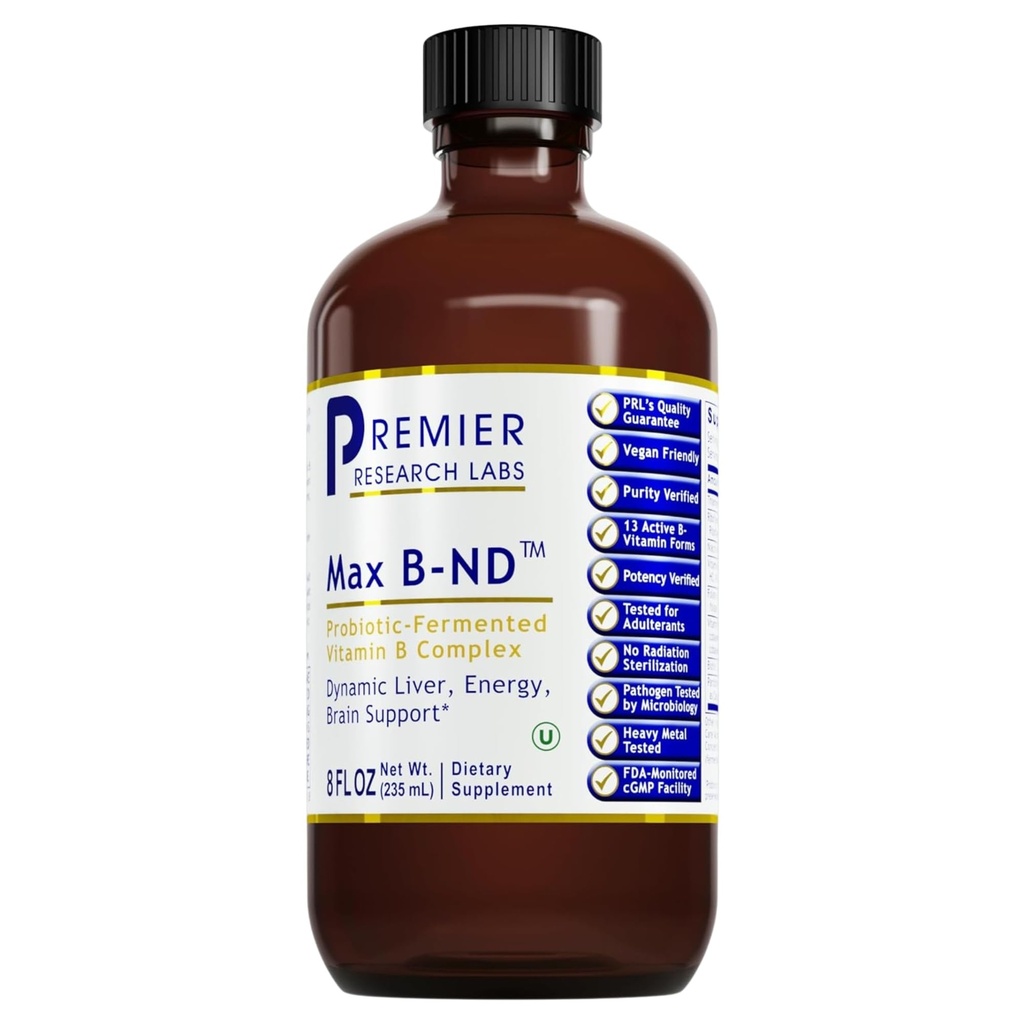 Premier Research Labs Max B-ND - Liquid Vitamin B Complex pentru sanatatea ficatului si creierului, Picături sublinguale pentru bărbați și femei cu Thiamin, B12 & B6-8 Fl Oz Sticla
