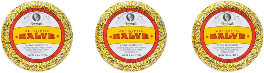 Rawleigh Antiseptic Salve Iconic Yellow Big Tin: 4.5 oz, Multi-Purpose Ointment Soothes Cuts, Vânătăi, Iritații, cu Turpentină, Fenol, Ulei de bumbac și Parafină, Formula originală - Pachet de 3