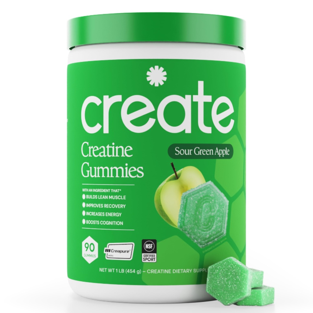 Gume monohidratate pentru bărbaţi şi femei - Focus de creştere, Putere şi Rezistenţă, Formula Anti-Melting, Vegan, Gluten-Free, non-GMO, 1.5 Gram Creatină per Gummy (Apple verde, 90 ct)