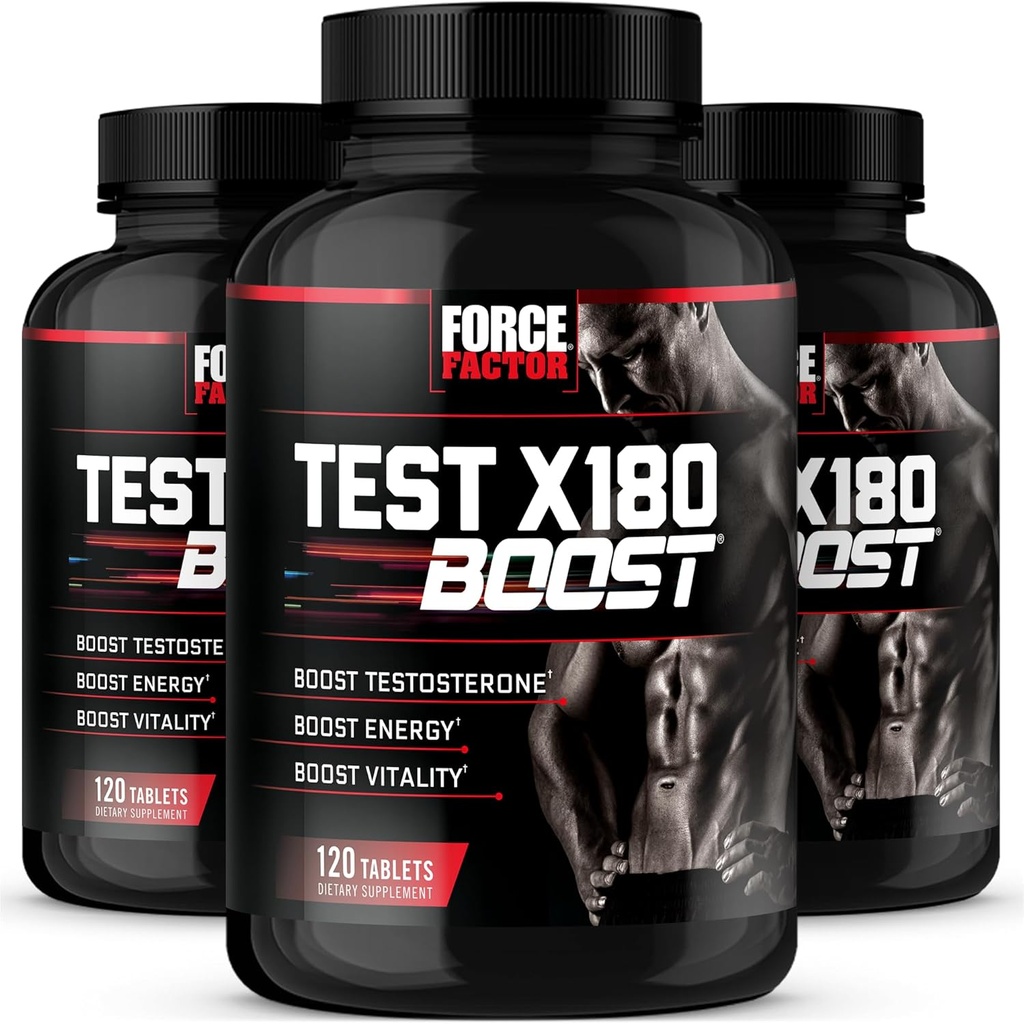 Force Factor Test X180 Boost, Testosteron Booster și Suplimentul energetic pentru bărbați, Boost Energy, Crește rezistența, și spori Vitalitatea, cu D-Aspartic Acid și Schinduf, 120 Conte (Pachet de 3)