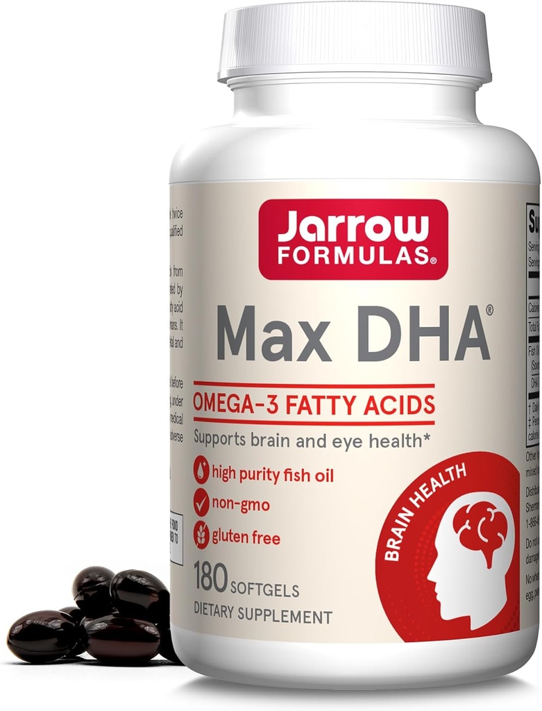 Jarrow Formulas MaxDHA - 180 Softgels - ulei de pește de înaltă puritate - Suplimentul susține sănătatea creierului și a ochilor - concentrat în Omega-3 acizi grași și îmbogățiți în DHA - 90 Serviri