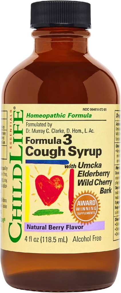 CHILDLIFE Essentials Formula 3 Copii Tuse Sirop - Medicina de tuse pentru copii pentru copii 2-11, cu Umcka, Elderberry & Wild Cherry Bark, Gluten gratuit - Berry naturale, 4 Fl Oz