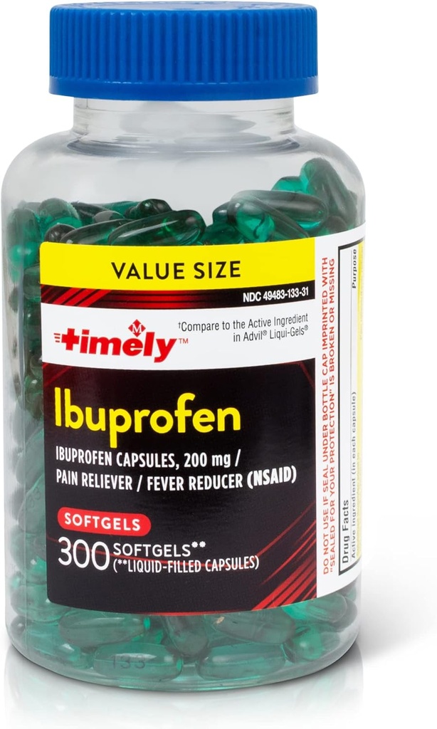 Timpul-CAP LABS, INC. Ibuprofen 200 mg - 300 Softgel lichid - Tablete de calmare a durerii şi Reducator de febră - pentru ameliorarea durerilor de cap, dureri menstruale, dureri de dinţi Dureri musculare şi artrită