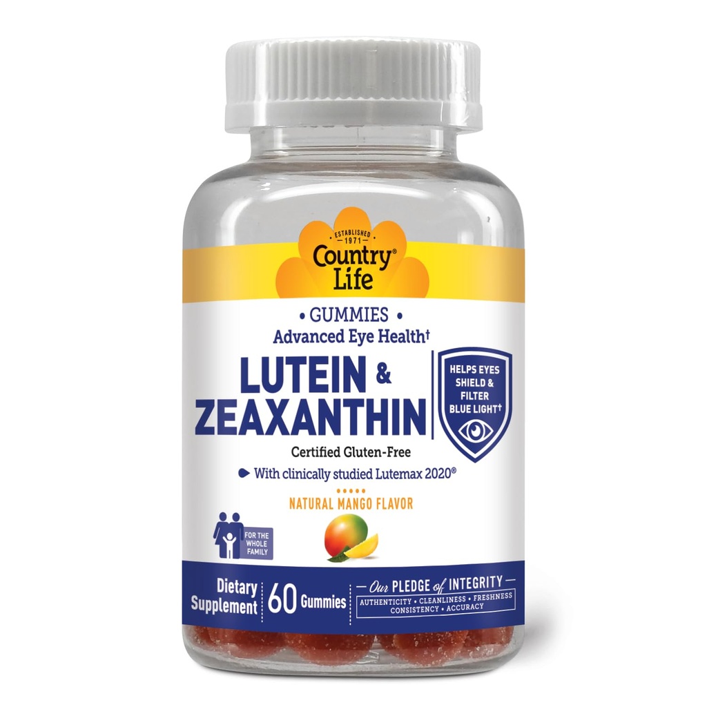 Country Life Lutein Gummies with Lutemax 2020, 60 Ct, Chewable Natural Eye Supplement, Marigold Lutein, Zeaxantină, Eye Health & Macular Support, Non-GMO, Natural Fruit Pectin, Vegan