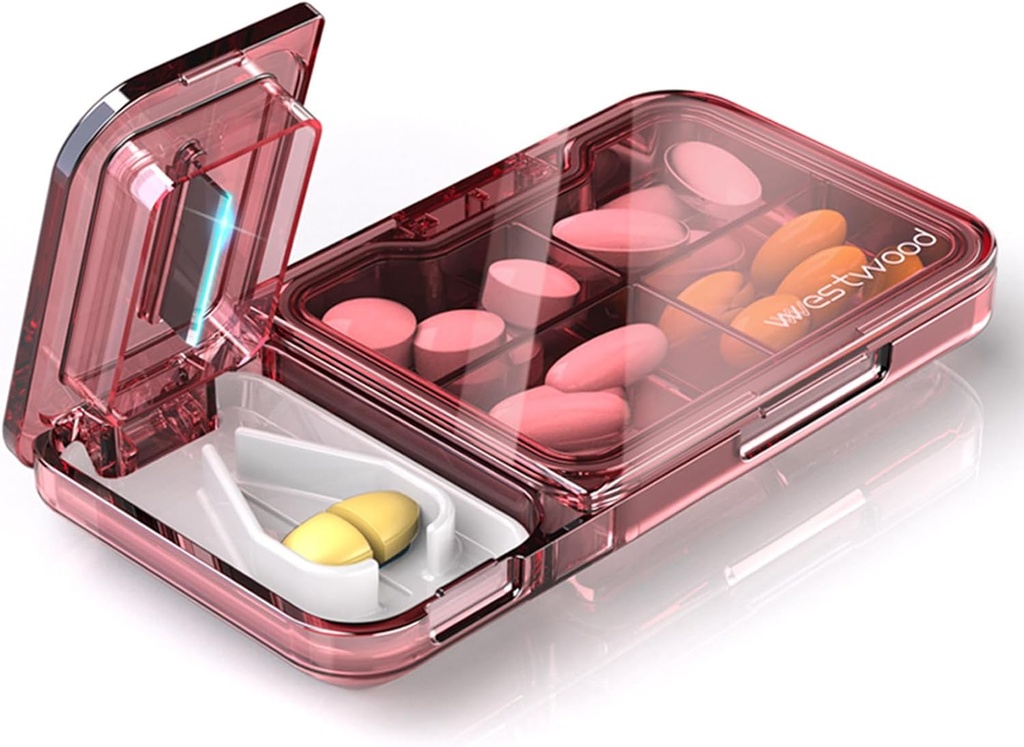 Travel Pill Organizator cu Pill Cutter Splitter, 4 Compartimente Pilula Case, cutie cu pilula mica pentru Pursa de buzunar, Daily Pill Container pentru a deține vitamine Cod Suplimente de ulei de ficat, Medicina Planner (Pink)