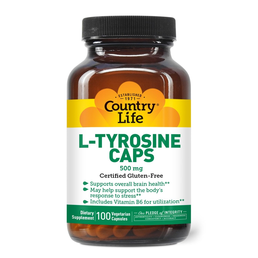 Viața de țară L-Tyrosine 500mg cu vitamina B6 Supliment - Certified Gluten-Free, Vegetarian, Kosher, Boosts Focus & Energy, Sprijină sănătatea creierului, Îmbunătățește claritatea mintală, Non-GMO - 100 capsule