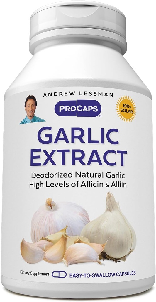 Extract de usturoi ANDREW Lessman - 180 capsule - Extract de usturoi natural deodorizat. Compuși de protecție pe bază de sulf. Pur, Gentle, Odorless. Fără gust, fără probleme cu stomacul, fără aditivi