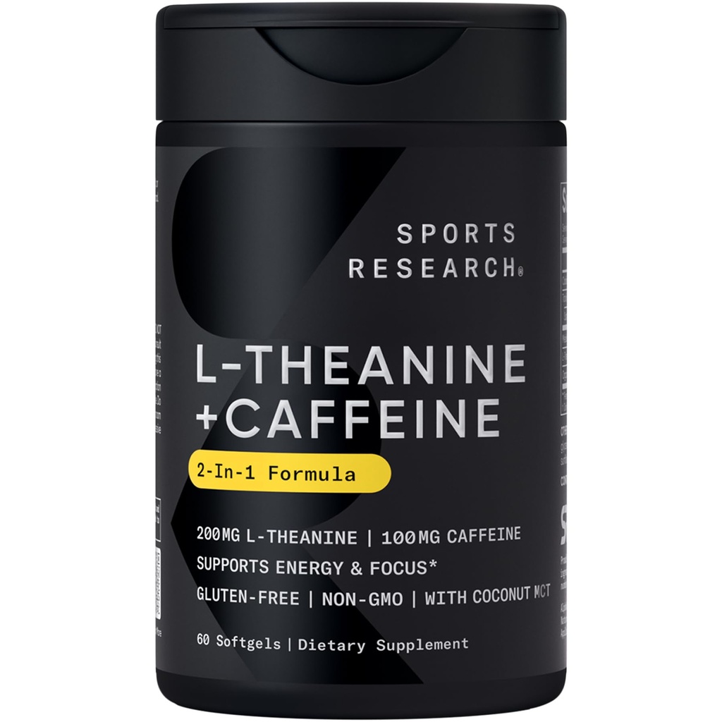 Sports Research L-Theanine Supliment cu Cafeina si nuca de cocos Ulei MCT - energie focalizată, Alertă și relaxare fără somnolență - 200mg L Theanine, 100mg Cafeina organică - 60 Softgels lichid