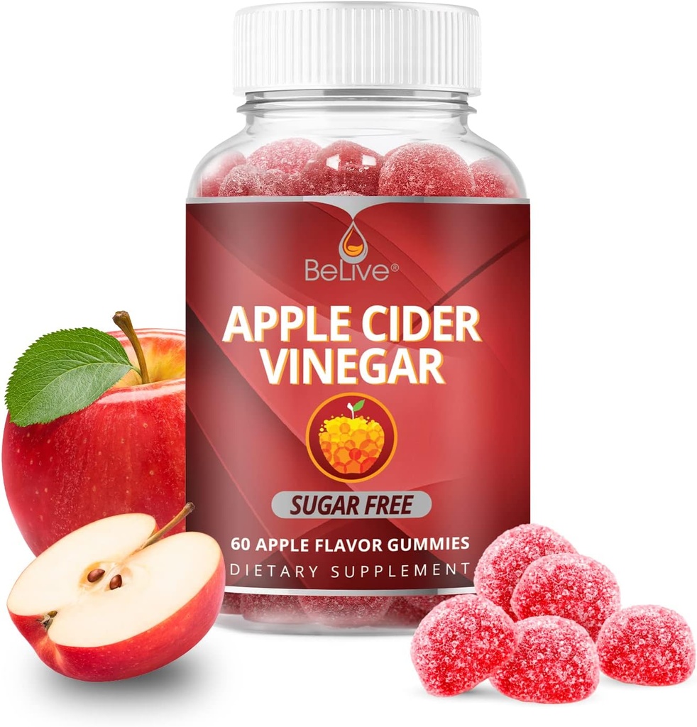 BeLive Apple Cidru Oţet Gumries - ACV Gummies fără zahăr I Detox & Cleanse Digestive Health I Alternative la capsule, Vegan, Keto Friendly, Non-GMO, Gluten Free 