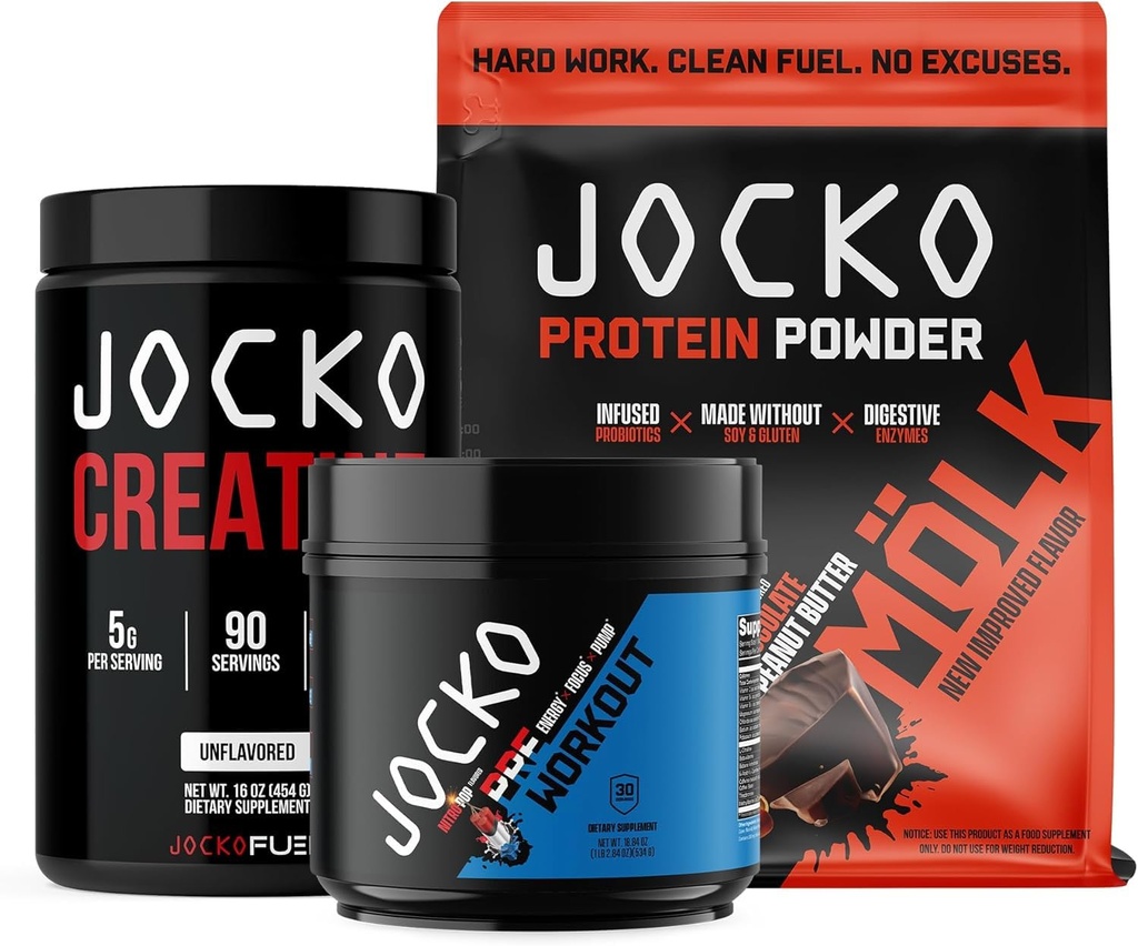 Jocko Fuel 3 Pack Bundle - Creatină, Unt de arahide de ciocolată MOLK Proteina, & Nitro Pop Pre Workout