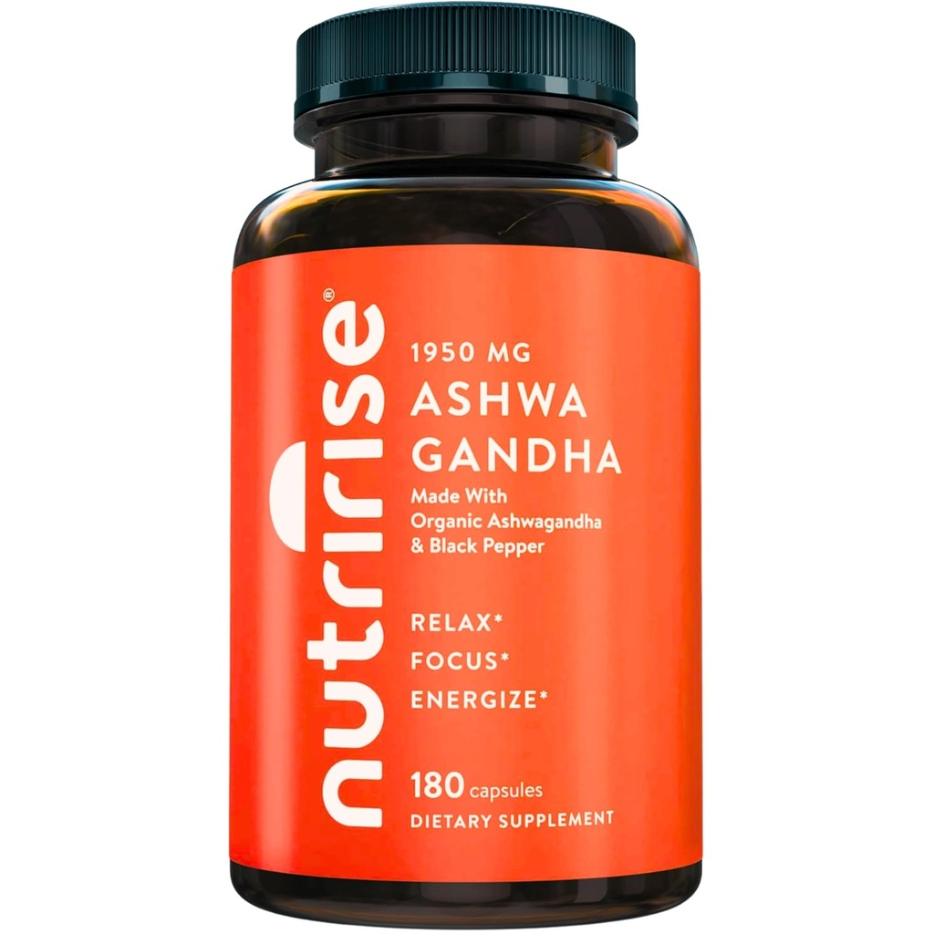 NutriRise capsule organice Ashwagandha Root cu Pepper negru 1950mg, Stres natural & Mood, supliment de sprijin tiroidian și imun, Ajutor de somn, Claritate, Focus & Energie, Gluten gratuit, 180 Conte