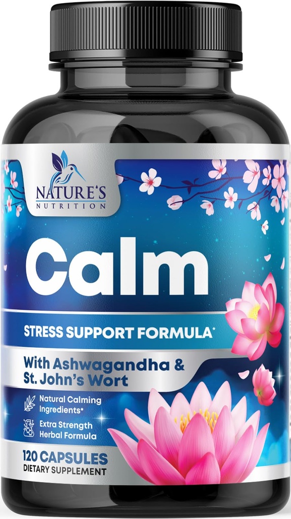 Natural Calm, Unwind & Relax Support - Ashwagandha, GABA, Magneziu, L-Theanin & More - Natural Focus, Energy & Immune Support - Natura Non-GMO, Vegan, Gluten Free, îmbuteliat în Statele Unite ale Americii - 120 Capsule