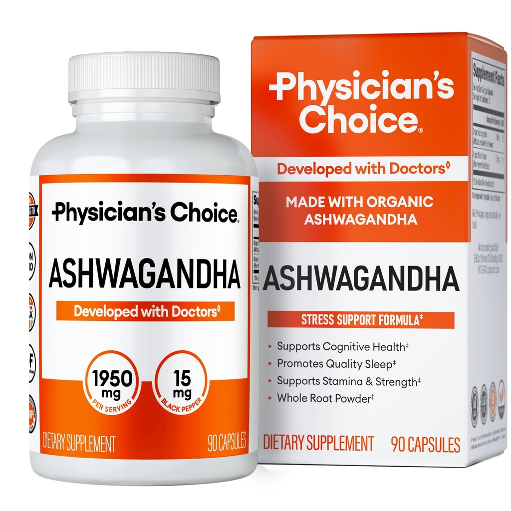 Suplimentul medicului CHOICE Ashwagandha - 1950mg de pulbere organică biodisponibilă Ashwagandha - extract de piper negru, suport de stres, supliment de susţinere a dispoziţiei, 90 de capsule Veggie Ashwagandha