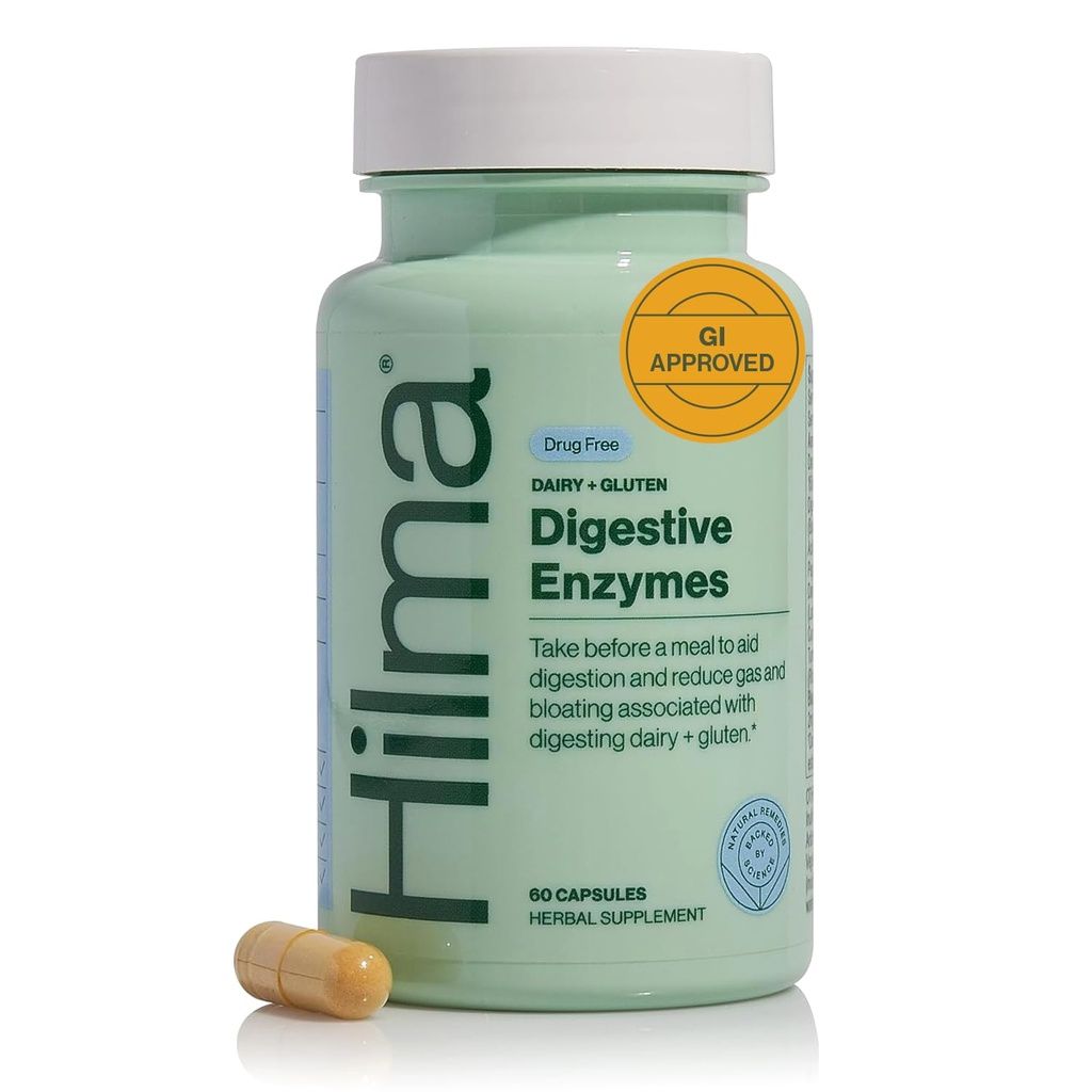 Enzime digestive Hilma pentru femei, relief de balonare cu Turmeric, Root Dandelion și enzime digestive gluten, Gluten natural și pastile de relief lactate, 60 capsule Vegan