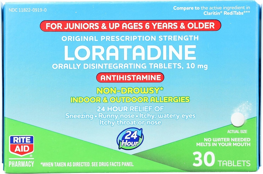 Rite Aid Kid Non-Drowsy Allerage Relief, Loratadină 10mg, menta Aroma - 30 comprimate 