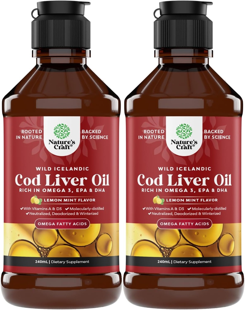 Islandez Wild Caught Cod lichid ulei de ficat - picături de ulei de pește cu Omega 3, EPA, DHA, vitamina D & A - lichid Cod supliment hepatic pentru inimă, comun, Brain & Immune de sprijin - 240 ml (8 Ounce) 2 ambalaj