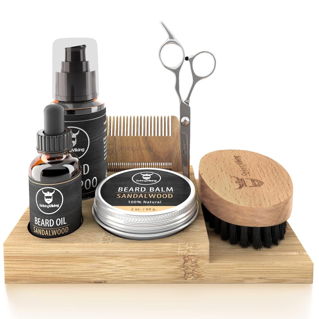 Kit de crestere Viking Beard - 7-Piece Set, Scent de lemn de santal & Caddy - Ulei & Balsam cu pensula de barba, Dual-Sided Comb & Foarfece plus Mustace Comb pentru Grooming & Stiling