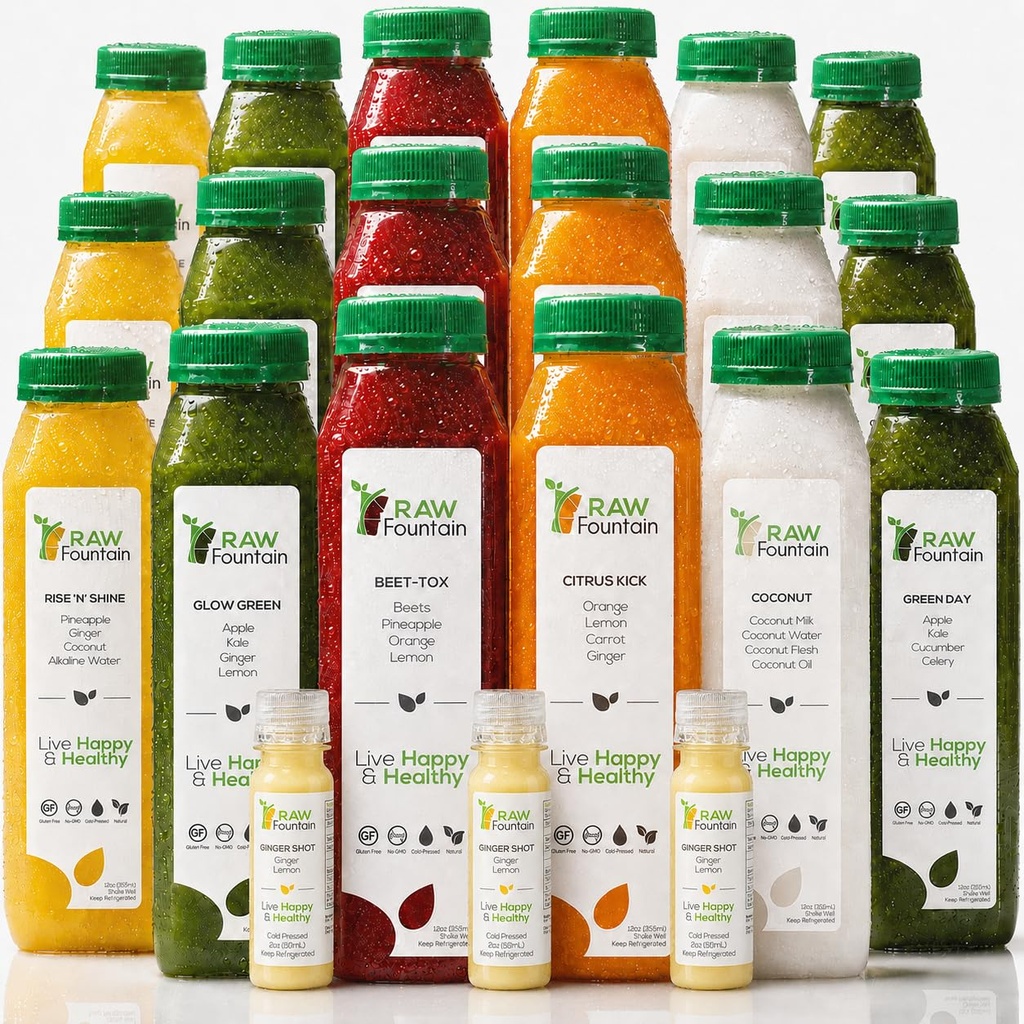 3 Ziua Juice Cleanse de Fountain Raw, All Natural Raw Detoxe Cleanse, Juiting pentru Odihna Corpului, Rece presat Suc rapid, Mare mod de a sari sa sara sanatoasa Dieta, 18 sticle 12oz, 3 Ginger Shots