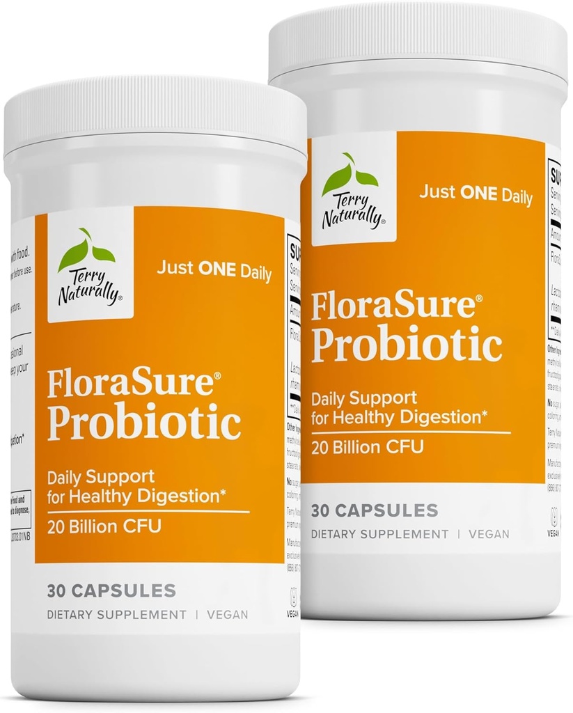 Terry natural FloraSure Probiotic - Digestion Supplement to Help Against Ocazional Blooting & Support Gas Relief - Gut Health Support with Bifidobactery Bifidum - 30 Capsule (Pachet de 2)
