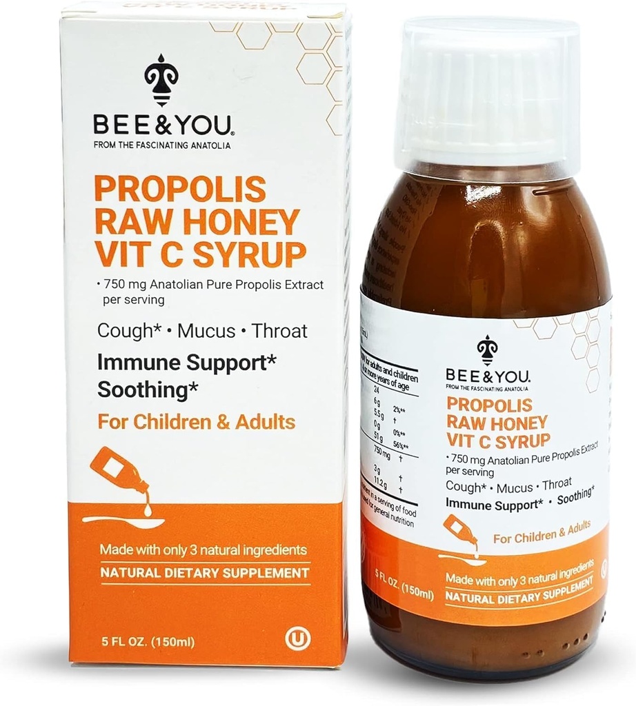 Bee and You Propolis Extract Tuse Syrup w/Vitamina C, Soothing Honey, Natural Immune Support, Sore Throat Relief, Antioxidanti, pentru copii si adulti, 5 Fl Oz, pentru barbati si femei