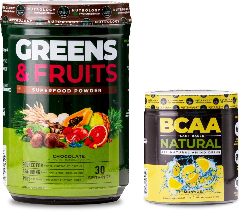 Nurology Greens & Fruits Powder-Natural Soursed Superfood, Chocolate (30 Servings) BCAA Natural, Plant based BCAA Powder, Lemonade Flavor (30 Servings)