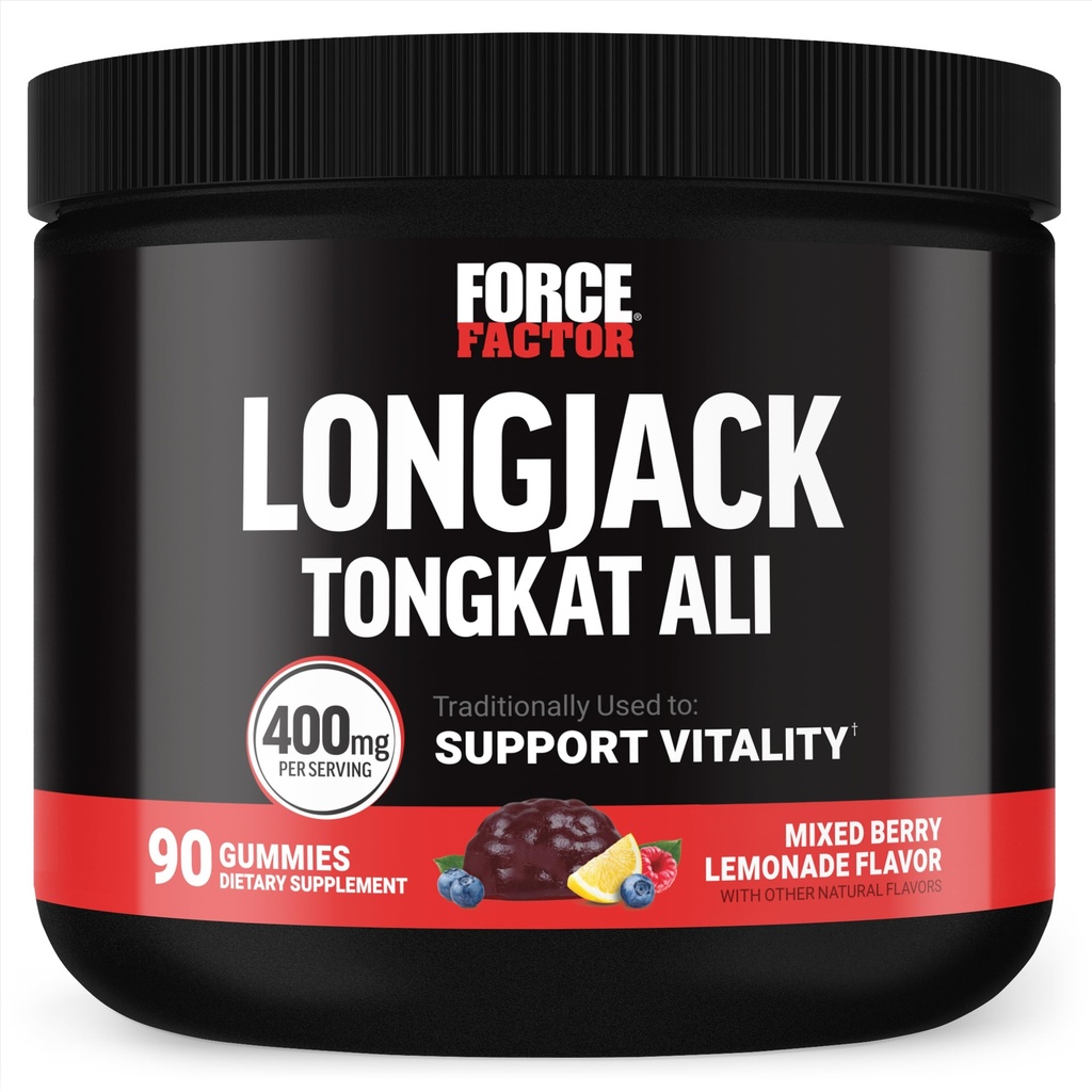 Force Factor Longjack Tongkat Ali Gummies, Tongkat Ali pentru bărbați pentru a sprijini vitalitatea masculină și unitate, 400mg Tongkat Ali cu BioPerine, mixt Berry Lemonade, 90 Gummies