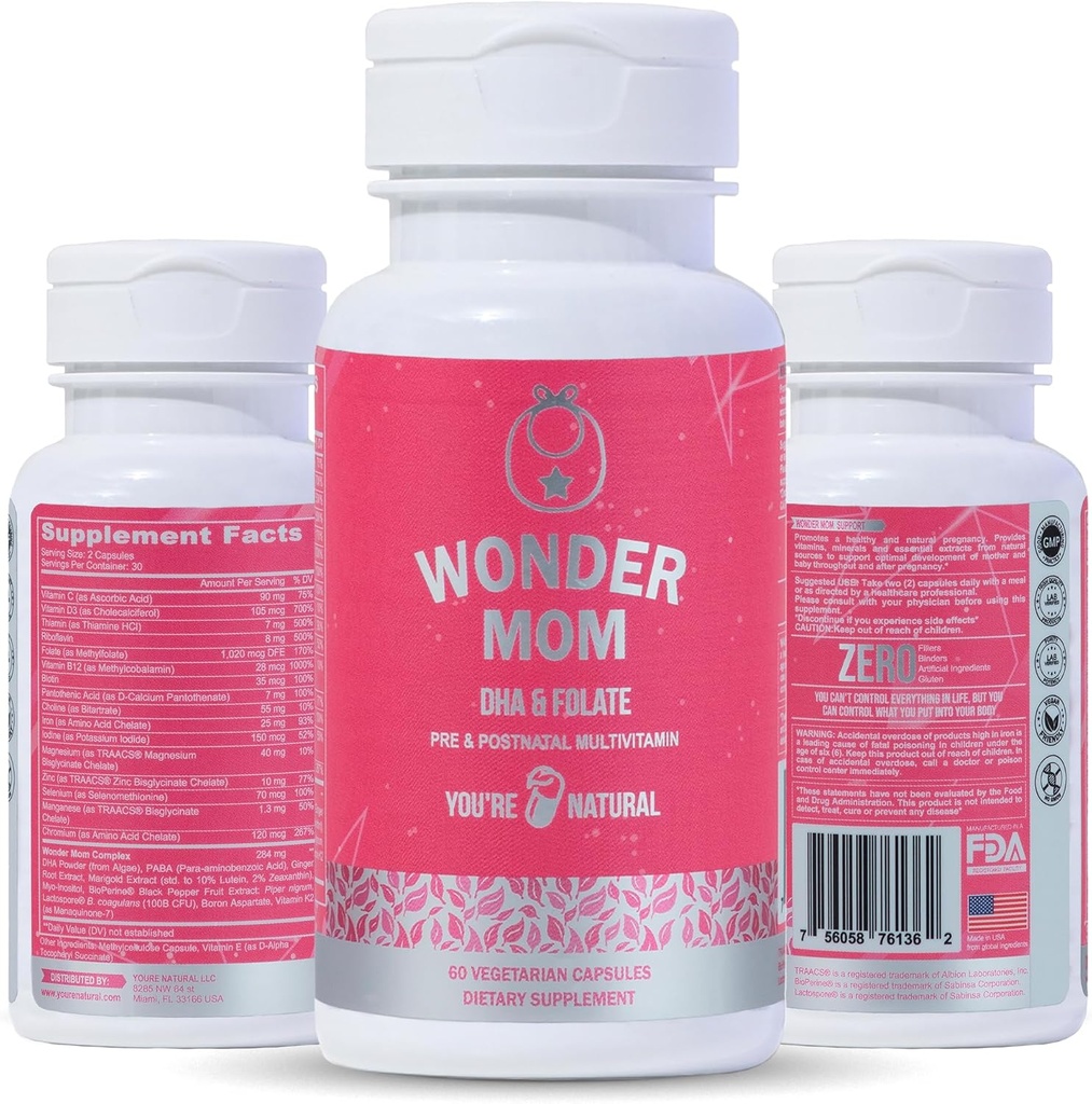 Vitamine prenatale şi postnatale Premium: Folate, DHA, Choline, Fier, B12, Multivitamine & Probiotice, Susţine dezvoltarea creierului fetal, Sarcina & Postpartum Health, Vegan, Non-GMO, Gluten-Free, 30 zile