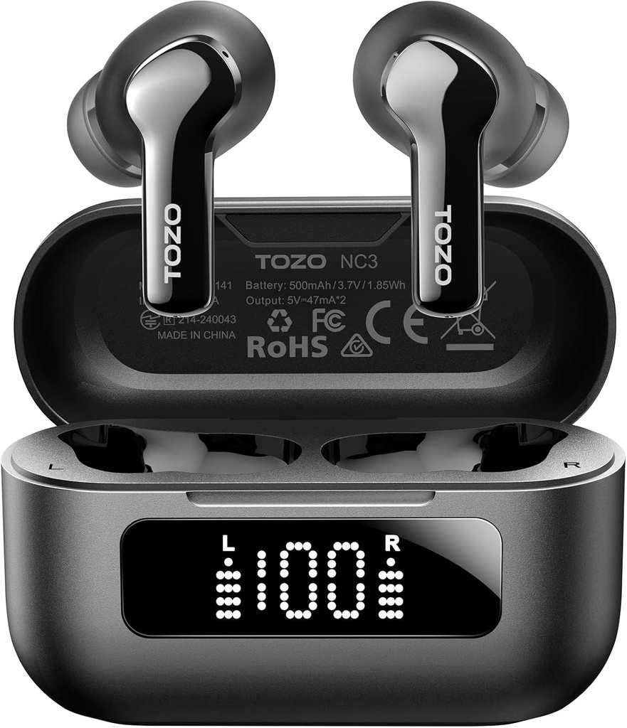 TOZO NC3 Hibrid Zgomot activ Anulare ureche fără fir cu 6 Mics AI Clear Call Buds 55H Timp de joacă cu LED-uri Display 32 EQ-uri presetate prin APP Bluetooth 5.3 IPX8 rezistent la apă în căștile urechii