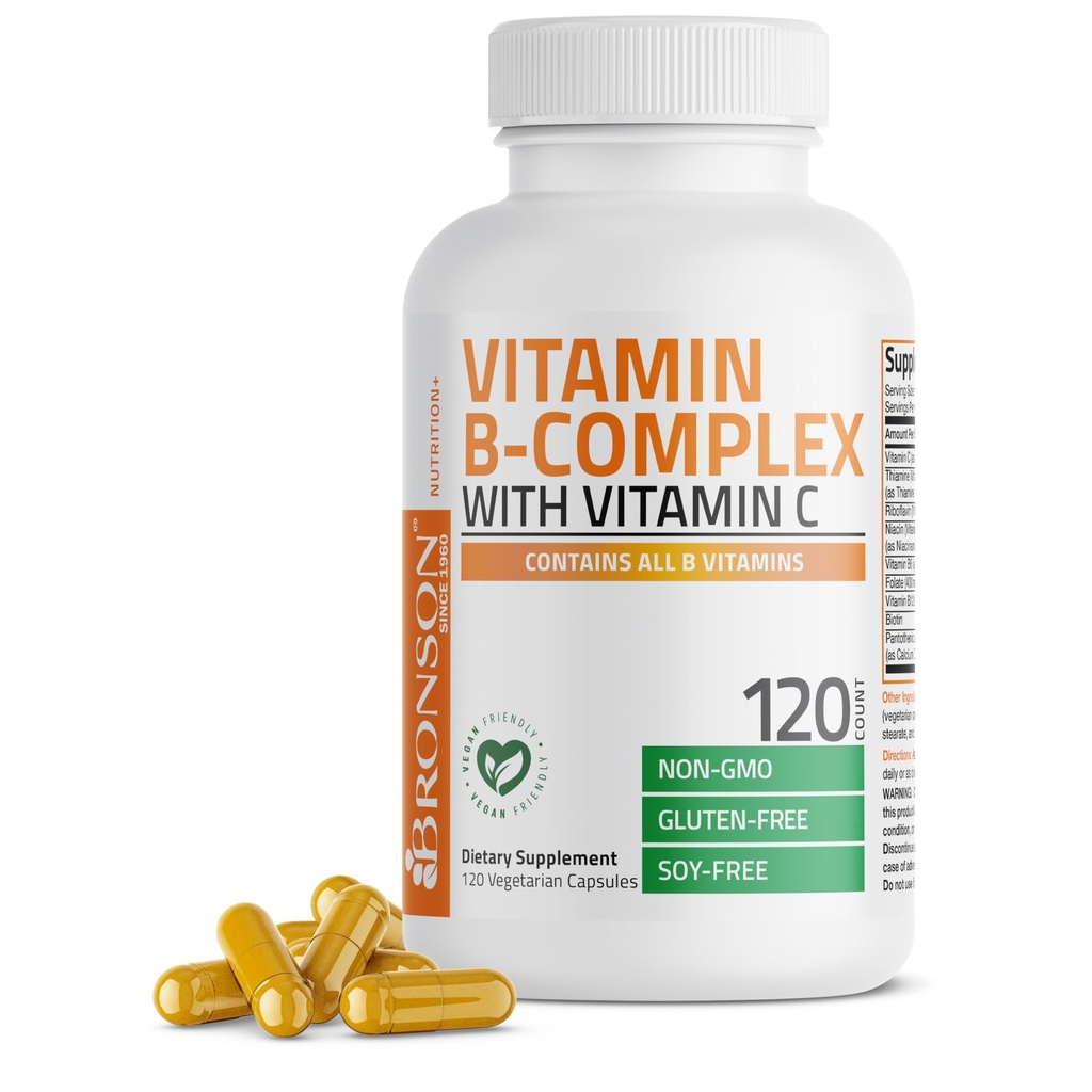 Complexul de vitamine Bronson B cu vitamina C - Sănătate imună, Suport energetic şi suport al sistemului nervos - Capsule non-GMO, 120 Vegetarie