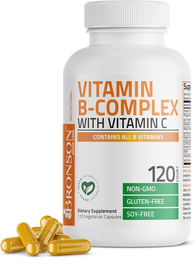 Complexul de vitamine Bronson B cu vitamina C - Sănătate imună, Suport energetic şi suport al sistemului nervos - Capsule non-GMO, 120 Vegetarie