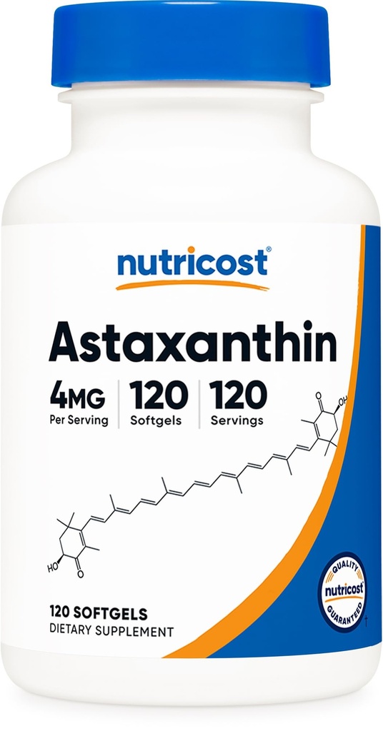 Nutricost Astaxantină 4mg, Gluten gratuit și non-GMO, 120 Softgels (4 lună de aprovizionare)