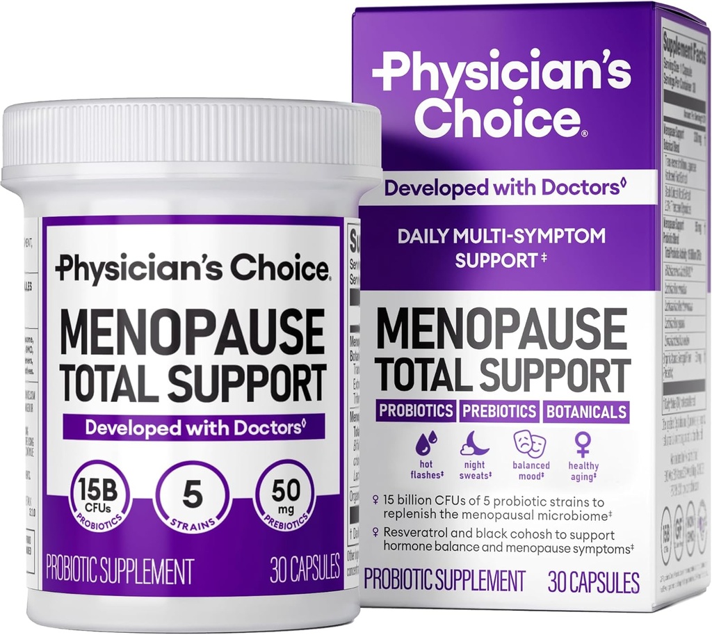 Menopauza Medicului Menopauza Supliment probiotic pentru femei - Suportă Echilibru hormonal, Flashuri fierbinți, Transpirații nocturne, Managementul greutății, Blooting & Gut Health - cu Black Cohosh, Resveratrol+ - 30ct