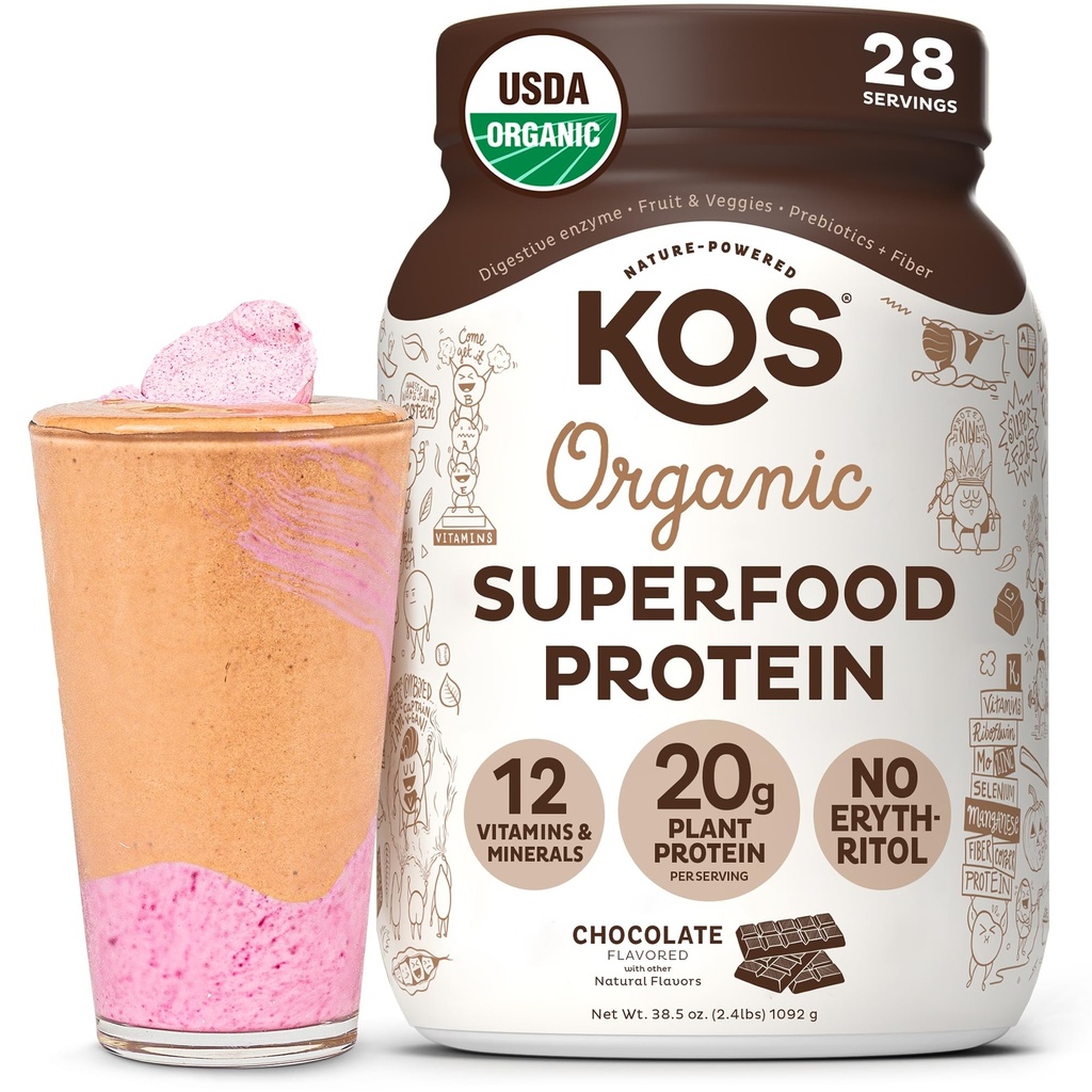 KOS Vegan praf de proteine Erythritol gratuit, Ciocolata - Organic Pea Proteine Blend, plante pe bază de Superfood bogat în vitamine și minerale - Keto, lactate gratuit - Înlocuirea mesei pentru femei și bărbați, 28 Serviri