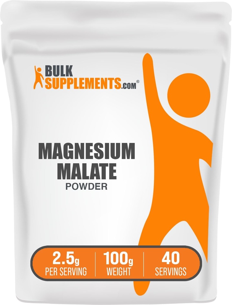 BulkSupplements.com Pulbere de malat de magneziu - Suplimente de magneziu, Bioavailabilitate ridicată - Fără aromă și gluten, 2,5g per Serving, 100g (3.5 oz) (Pachet de 1)