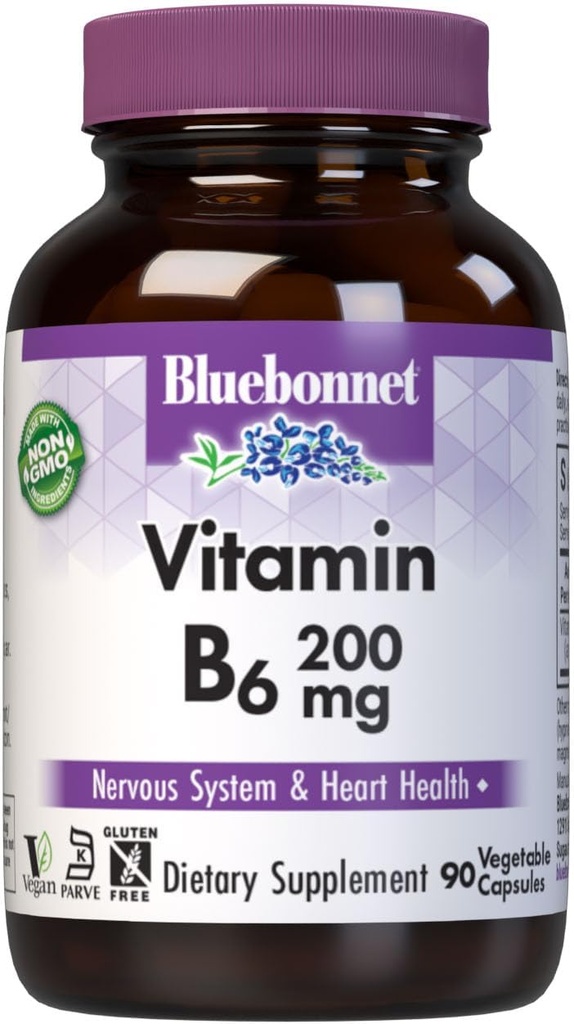 Bluebonnet Nutritie Vitamina B6 Capsule vegetale, 200 mg, pentru sanatatea sistemului cardiovascular si nervos, Soy Free, Gluten Free, Kosher, Dairy Free, Vegan, Non-GMO, 90 capsule vegetale, 90 Serviri