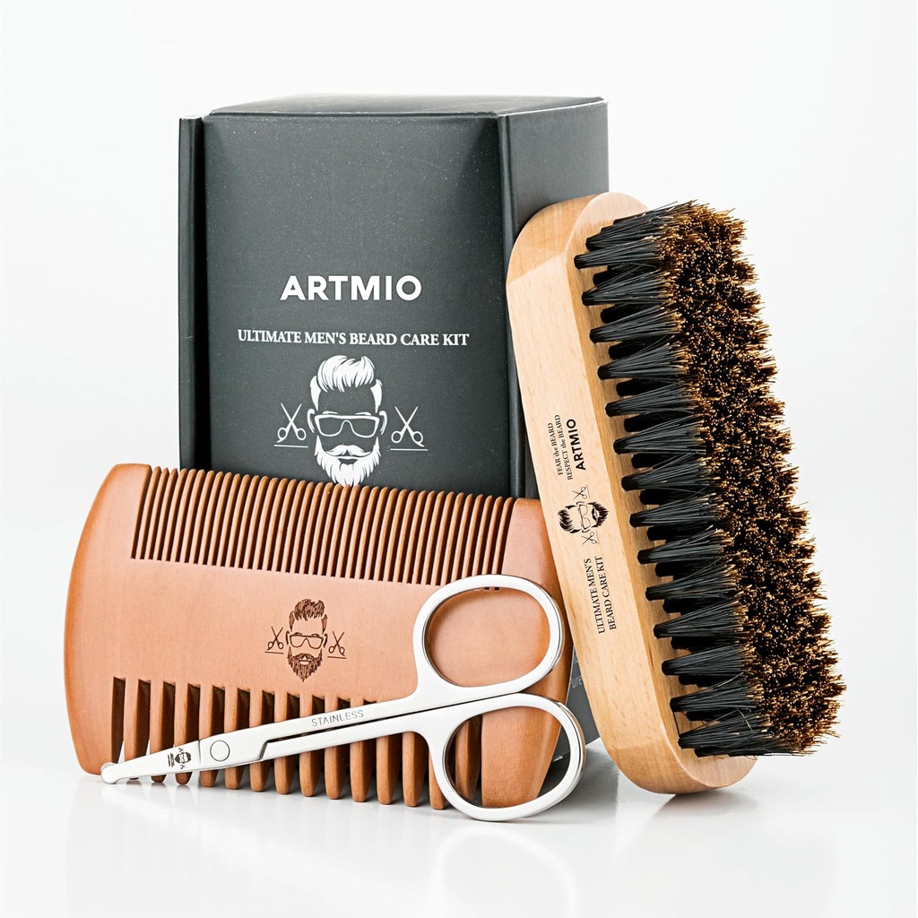 Perie de barbă, piepteni și foarfece Set pentru îngrijirea barba bărbaților - Perie de păr și piepteni din lemn - Stiluri cu barbă, instrumente de formare și modelare