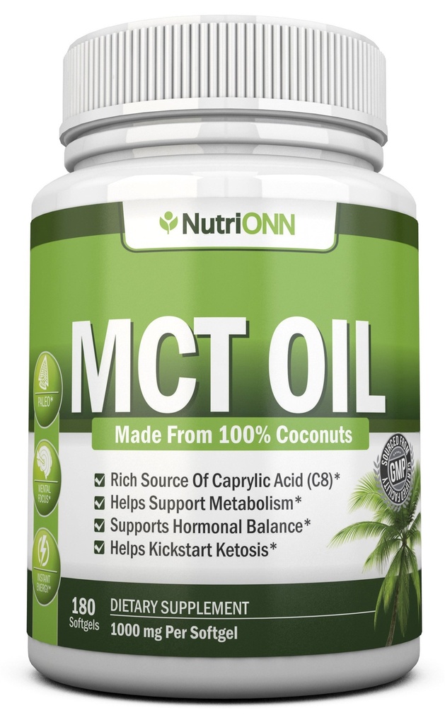 Ulei MCT - 3000 mg per servire - 180 Softgels - fabricat din 100% nuci de cocos organice - ne OMG, presate la rece, capsule paleo prietenoase - mare pentru Focus & Gut Health