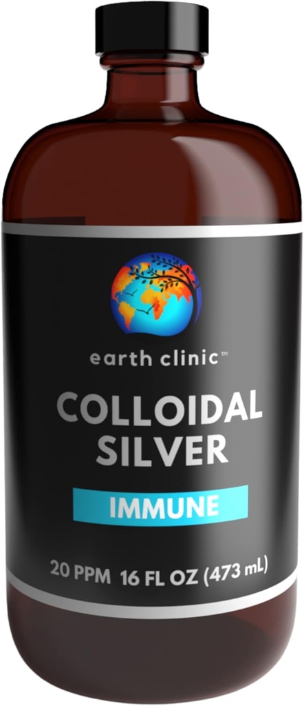 Clinica Pământ ® Argint coloidal 20 PPM, 16oz (473ml), Sticluță mare de sticlă de chihlimbar - Suport imun