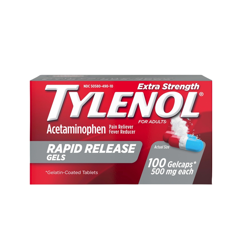 Tylenol Extra Putere Acetaminofen Geluri de eliberare rapidă, Durere Reliever & Fever Reductor, Gelcaps cu Laser-Găuri la grătar pentru eliberare rapidă, blând pe stomac, 500 mg Per Gelcap, 100 Conte OTC Medicina