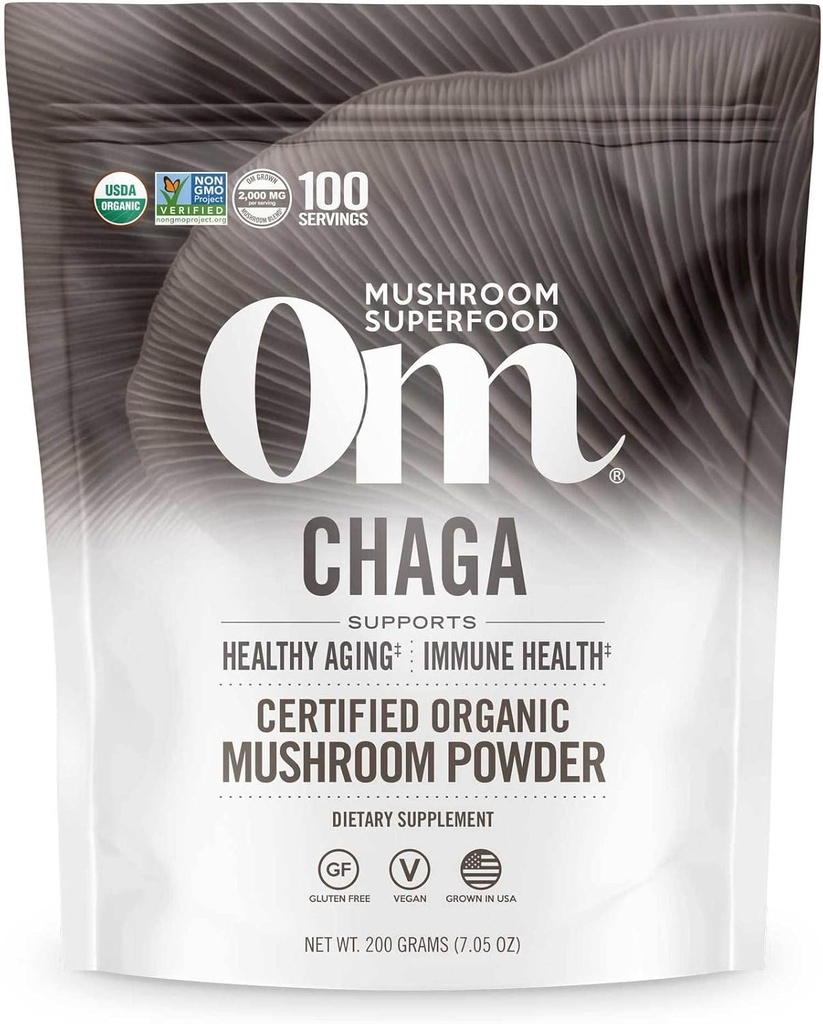 OM MUSHROOM SUPERFOOD Chaga Organic Mushroom Powder, 7.05 Ounce Pouch, 100 Servings, SUA crescut, Sacră Antioxidanți și suport imunitar, Superfood Mushroom Supliment