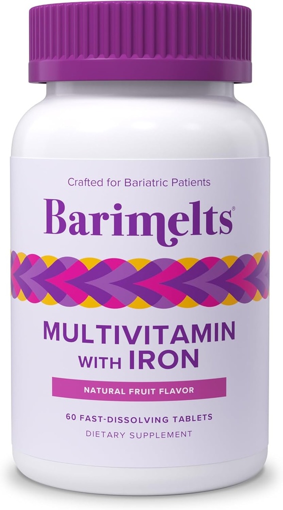BariMelts Multivitamine bariatrice cu fier, 60 comprimate cu eliberare rapidă (1- Aprovizionare lunară), Vitamine bariatrice fără zahăr pentru femei, aromă de fructe naturale