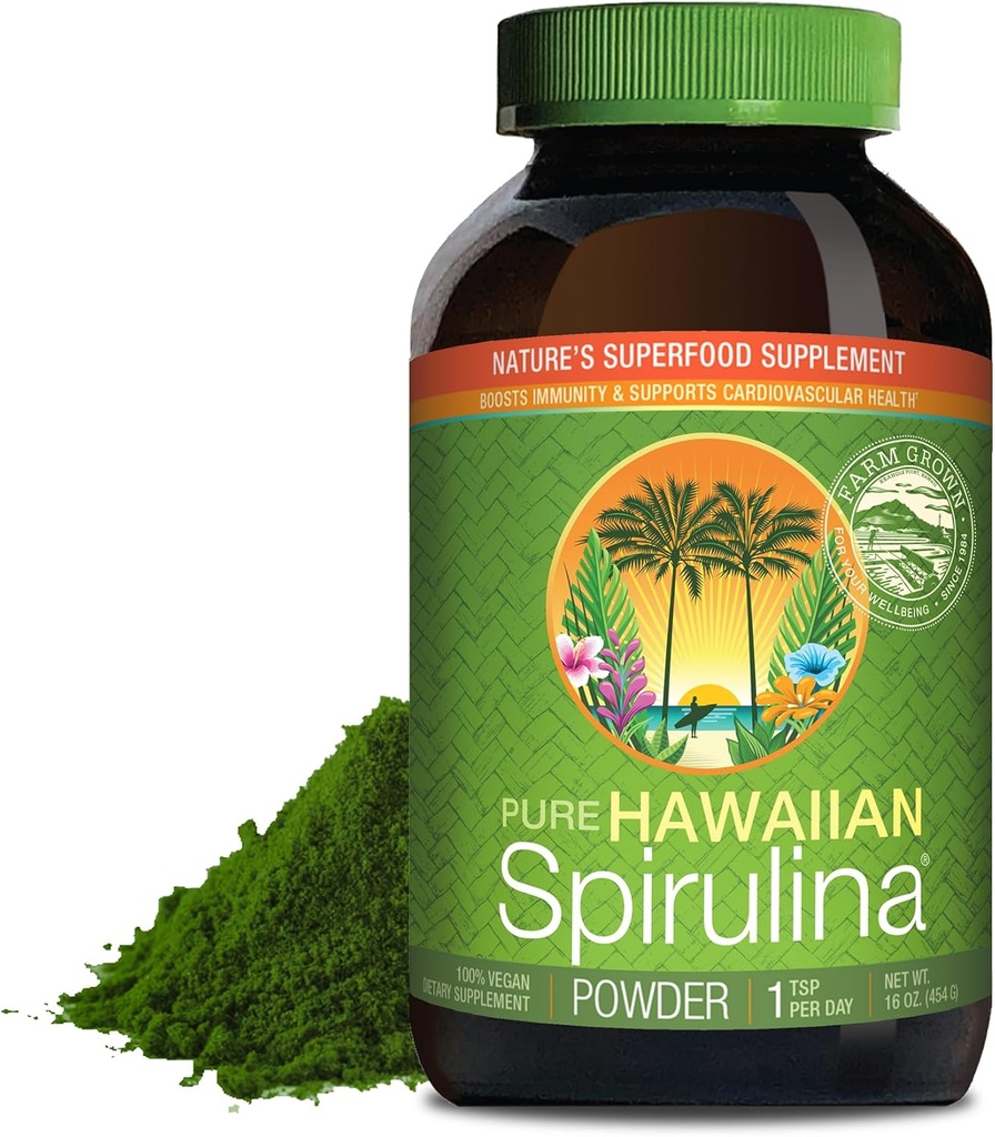 Nutrex Hawaii, Pure Hawaiian Spirulina Powder, Vegan, Sprijină Sistemul imunitar, Inima, Celule și Energie, 16 Ounce
