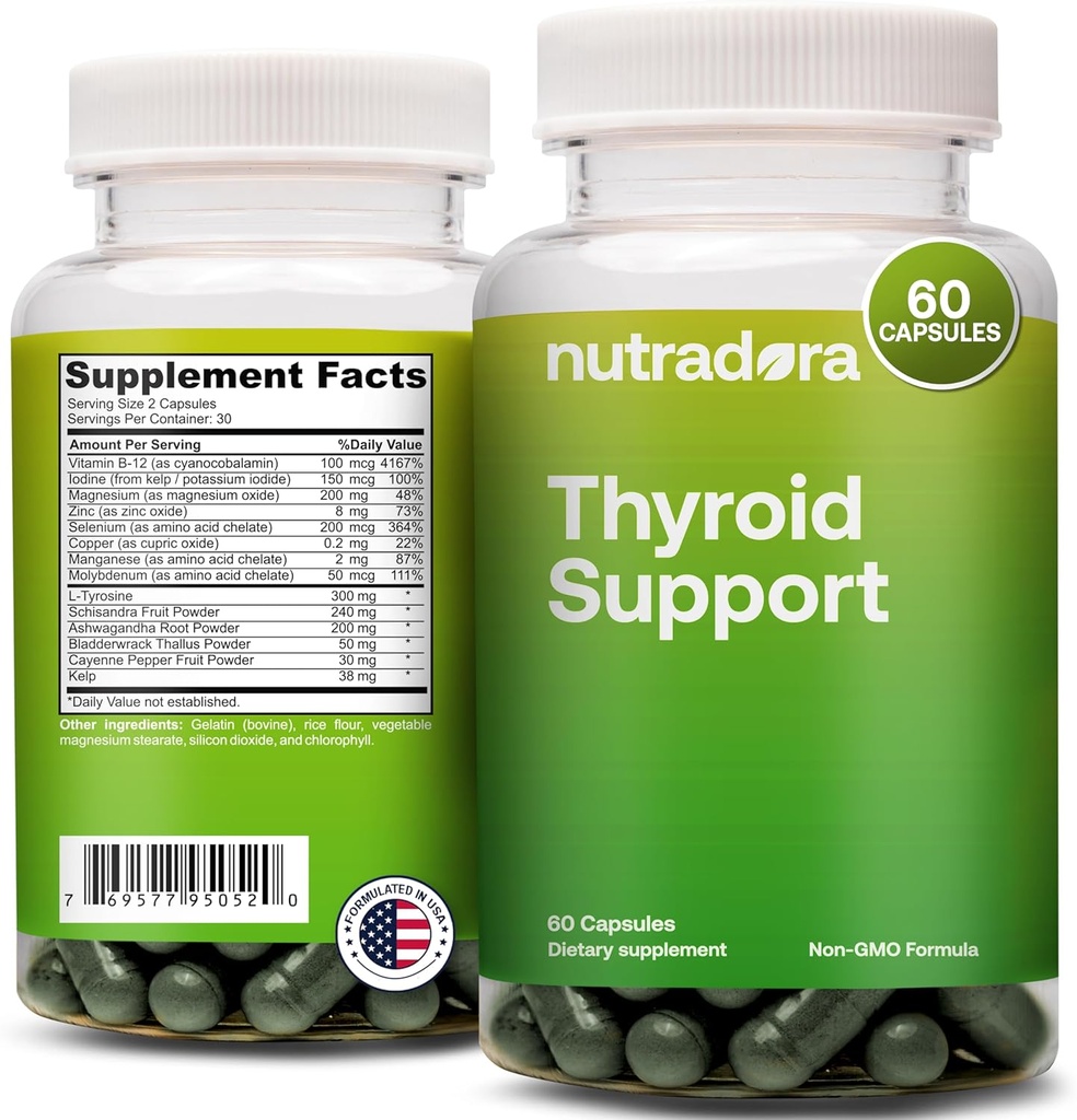 Suport tiroidian pentru femei şi bărbaţi - Supliment tiroidian cu iod, vitamina B12, Ashwagandha, Seleniu şi Zinc Suplimente, GMP Certified, Formulat în SUA, 60 Capsule (Pachet de 1)