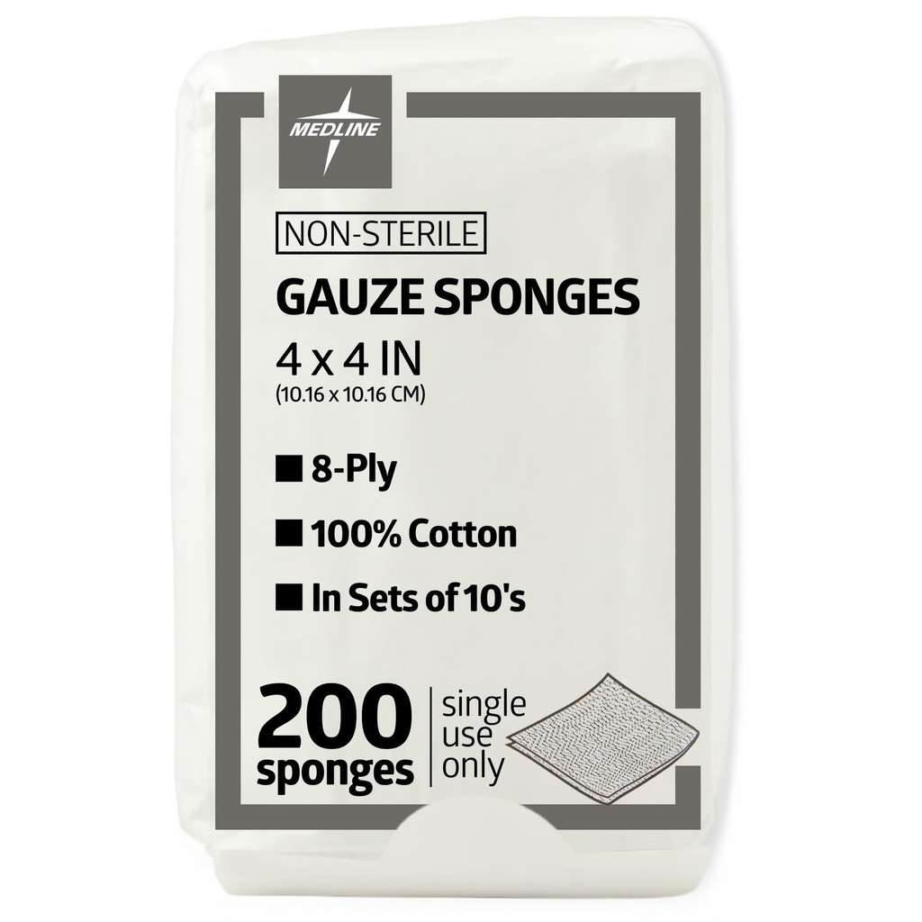 Medline 4 x 4 Burete de țigară de inch, țiglă nesterilă 8-plasată, 100% bumbac, Ideal pentru Rochie de rani, Îngrijire a rănilor, Utilizare generală de prim ajutor, Pachet de 200